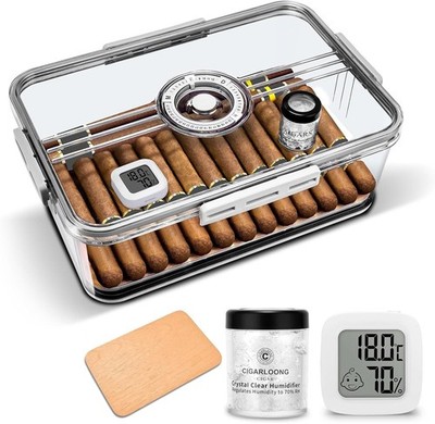 Zigarren Humidor Glas/Etui/Box groß klar mit Hygrometer, Luftbefeuchter & Zedernholz Sli