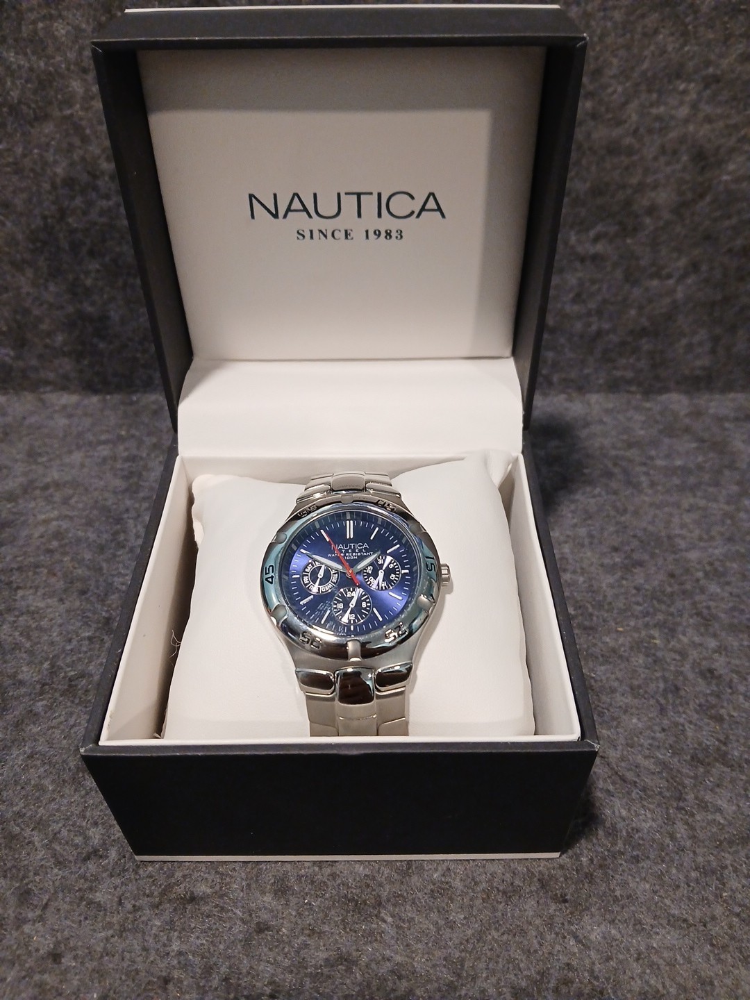 Mens Nautica Steel Day Date Stainless Watch Blue Dial