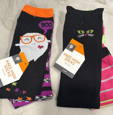 4 Pairs Girls Knee High Halloween Socks Ghost Black Cat Sz Large Shoe Size 7-10