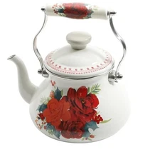 NEW The Pioneer Woman Cheerful Rose Steel Metal Enamel Floral 1.9 Qt Tea Kettle