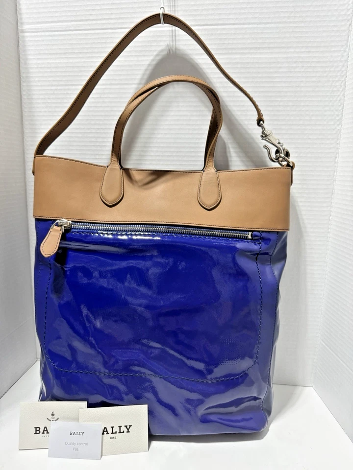 Новый BALLY Macy синий патент коричневый кожаный сумка с короткими ручками наплечный ремень сумка Дамская сумка сумка - Изображение 2 из 4