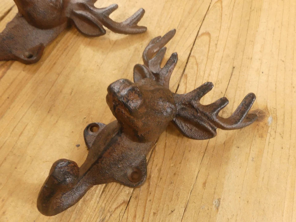 6 Rustic Elk Deer Moose Head Hooks Cast Iron Coat Hook Rack Restoration Hat  - Image 4 of 4