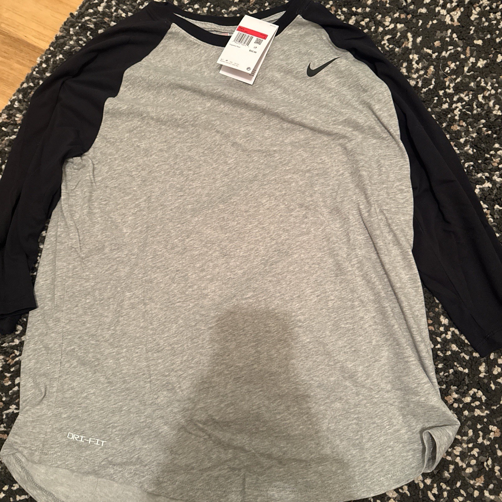 Nike Raglan T-shirt Gray Black Dri-FIT 3/4 Sleeve Training CJ1617-064 XL NWT