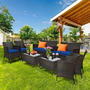 8PCS Patio Rattan Conversation Furniture Set Outdoor w/ Navy Cushion