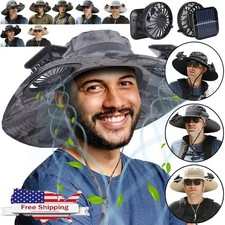 Unisex Outdoor Solar Powered Fan Wide Brim Hat with 2 Fans for Fishing Hiking US