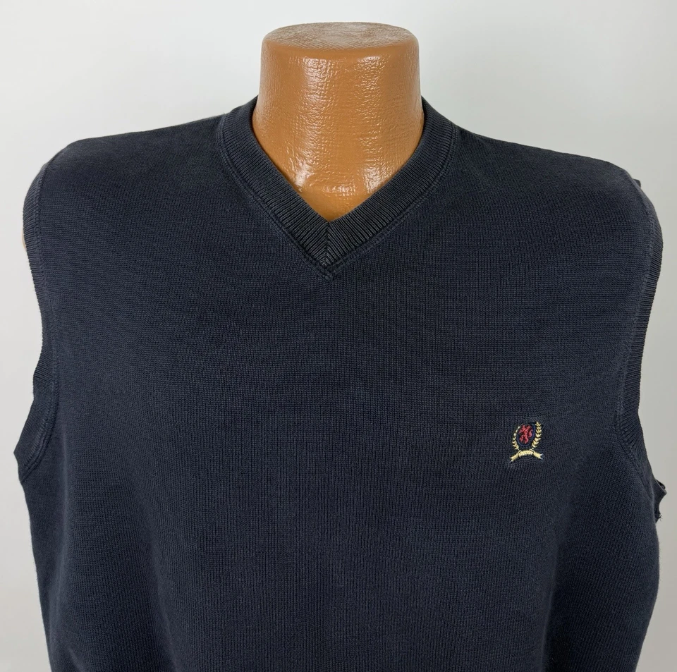 Chaleco Suéter Tommy Hilfiger De Colección Para Hombres Grande Desteñido Negro Algodón Cuello en V Años 90 Y2K Foto 2 de 4