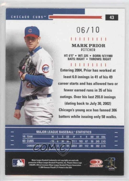 2004 Donruss Throwback Threads Platinum Proof /10 Mark Prior #43 - Image 2 of 2