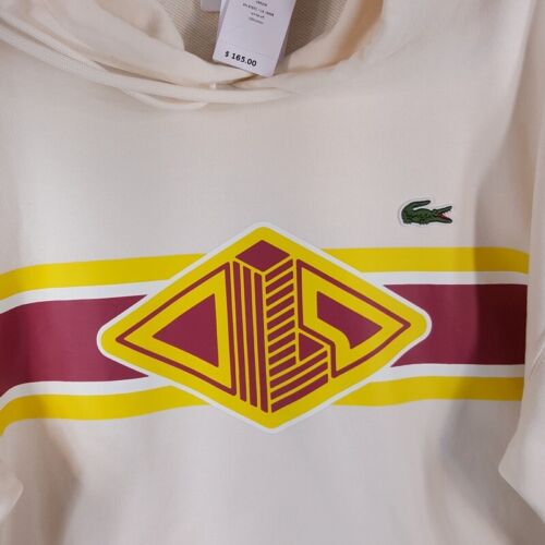 LACOSTE Mens Hoodie Small Cream Pullover Sweatshirt Logo Loose Fit Baggy $165 - Picture 3 of 11