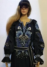 Embroidered 100%Linen Blue dress boho style -Ukrainian folk ethnic vyshyvanka.XL