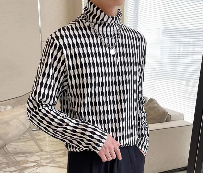 Mens Autumn Fashion Turtle Neck Long Sleeve Loose Printed T-shirt Youth Pullover - Image 2 of 4