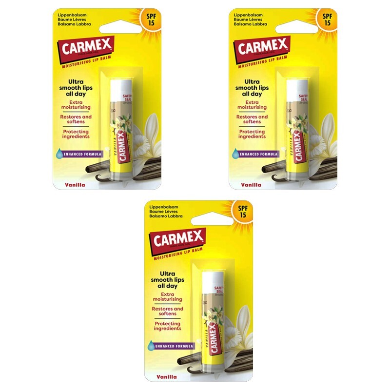 3pz CARMEX MOISTURISING LIP BALM Balsamo labbra SPF 15 Vanilla