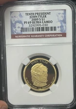 NGC PF 69 ULTRA CAMEO 2009 S 10TH PRESIDENT JOHN TYLER 1$ PROOF