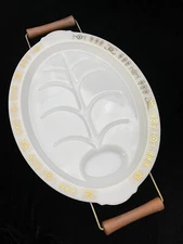Fire King Meat Serving Platter w/Gravy Well Milk Glass Gold Accents with STAND