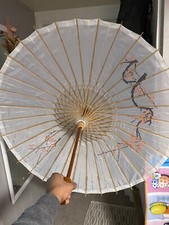 Vintage Asian Japanese Rice Paper Bamboo Umbrella Hand Painted new without Box