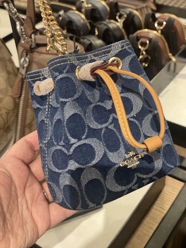 NWT Coach Drawstring Wristlet In Signature Denim Gold/Denim Blue Natural CZ031 - Picture 7 of 11