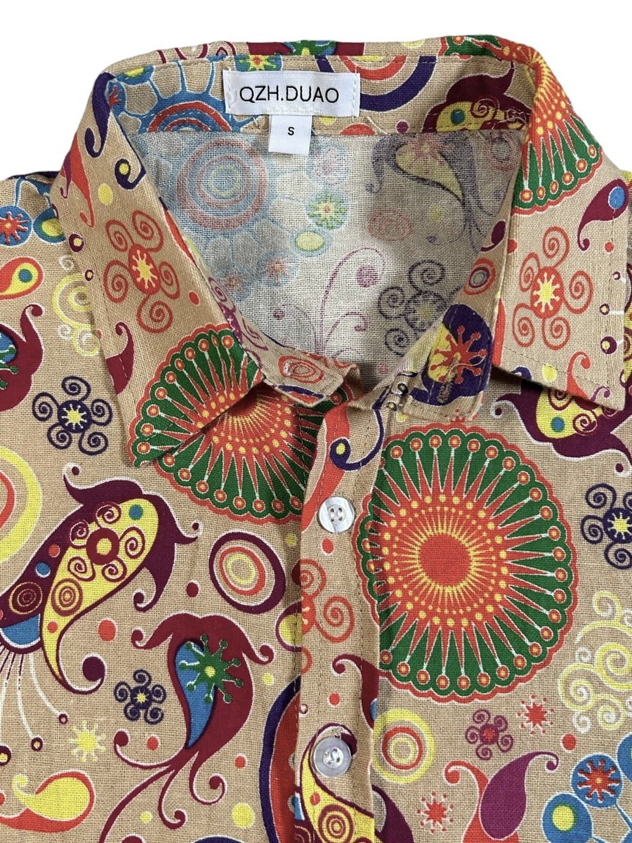 QZH DUAO Linen Blend Shirt Size SMALL 70s Disco Hippy Trippy