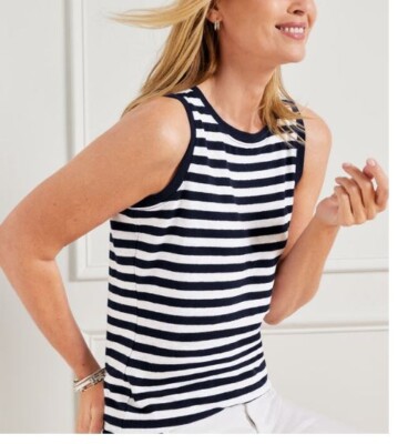 TALBOTS Plus Linen Blend Black Striped Sleeveless Tank Tee Top 2X Petite Revised