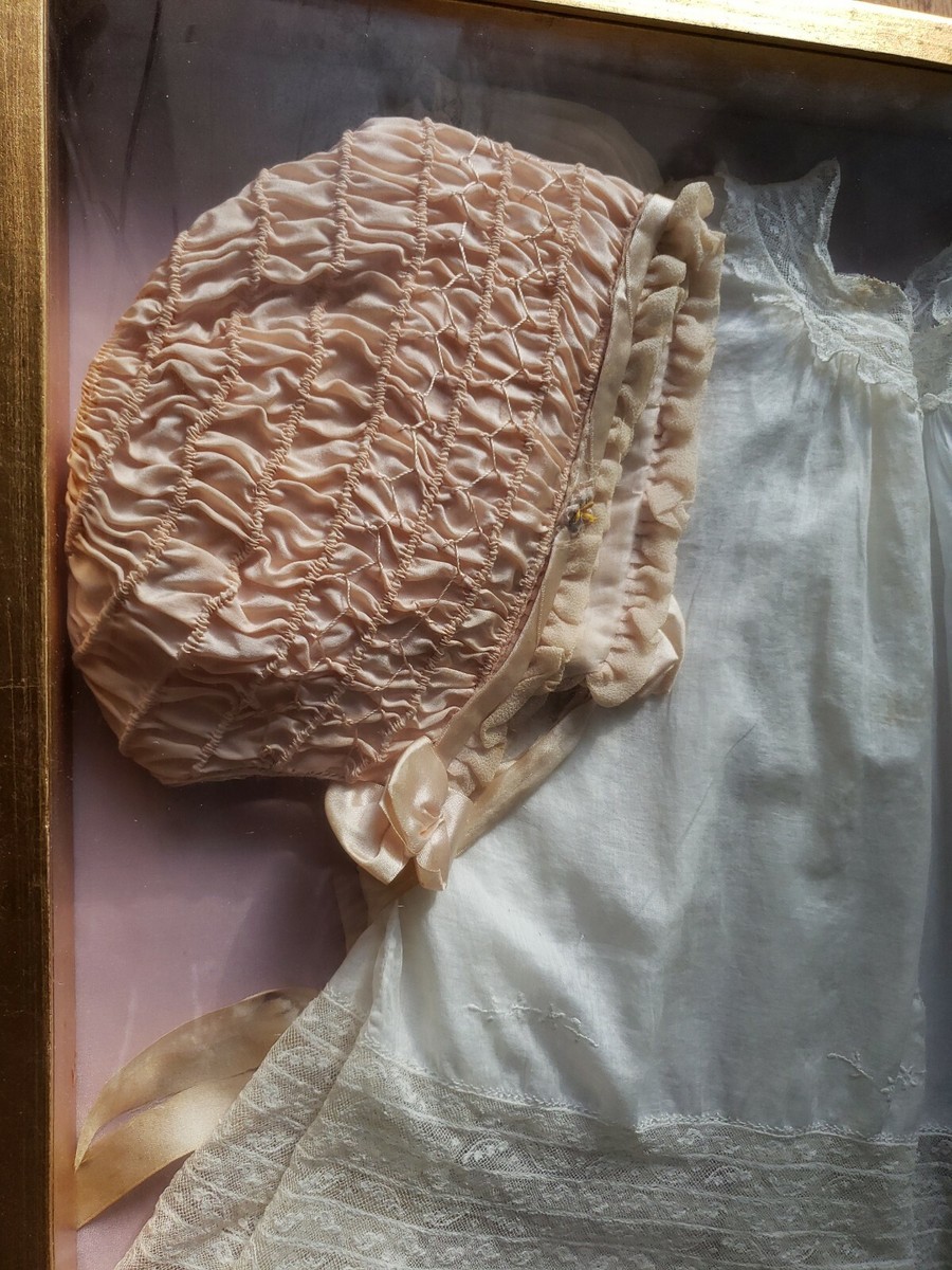 Vintage Baby Bonnet Hat, Dress and Shoes in Shadow Box 21