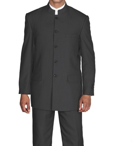 Mens-Mandarin-Collar-Black, Navy, Tan Pin-Stripe-Church-Suit-Style 925H - Picture 2 of 4