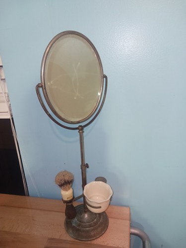 Antique Nickel Plated Vanity Shaving Mirror W/accessories Beveled Glass