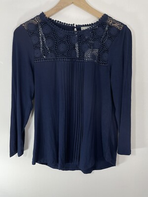 NWT Daniel Rainn Top Blouse PS small Navy Blue Pintuck Front Crochet Neckline