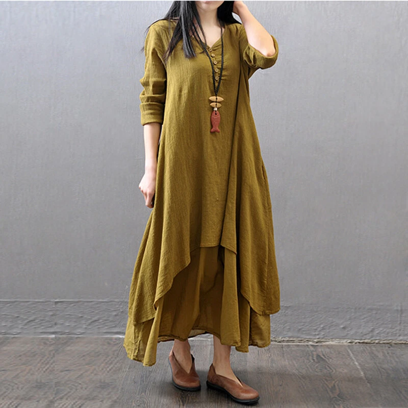 Women Loose Shirt Dress Ethnic Linen Blend Double Layers Swing Long Sleeve Dress