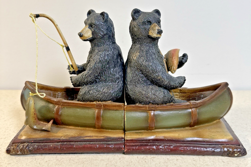 Pair Of Bear Bookends Rustic Black Bear Decor Cabin Lodge Study Canoe Fishing