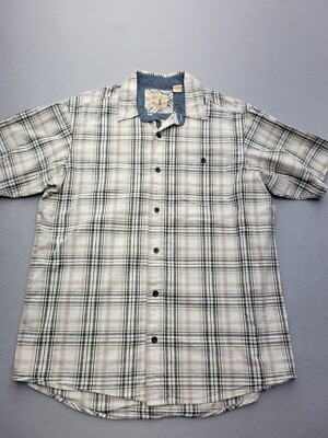 Red Head Men Button-Up Large Tan/Black Short Sleeve Plaid Cotton Knit Pockets