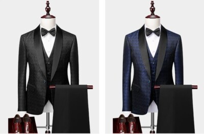 Slim Fit 3-teilig Bräutigam Hochzeit Einreiher Anzüge Schalkragen Revers Smoking Anzug
