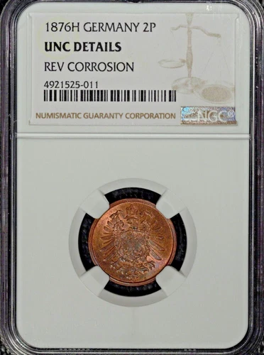 Germany 1876H 2 Pfennig, Unc Details, NGC , Rev. Corrosion