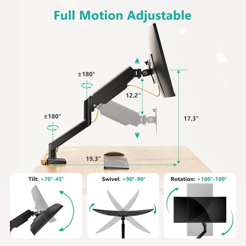 Single Monitor Mount, Gas Spring Monitor Arm for 17-34 inch Screens, Adjustab... - Afbeelding 3 van 9