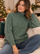 L.L.Bean 1912 Heritage Wool Blend Mockneck Cable Knit Sweater Olive Large Petite