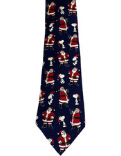 Vintage Peanuts Snoopy Hanging With Santa 100 Silk Tie Christmas Blue 57
