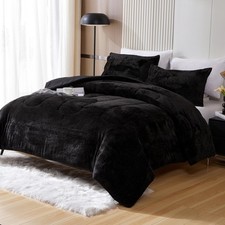 YIYEA Faux Fur Queen Size Comforter Set, Luxury Ultra Soft Queen, Black