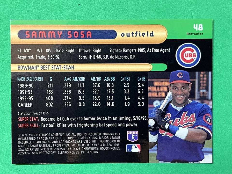 1996 Bowman's Best - Sammy Sosa #48 Refrator White Sox Cubs HOF - Imagem 2 de 4
