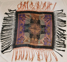 Vintage WWII Era Taj Mahal Silk Black Piano Scarf Shawl Fringe Tablecloth 33"