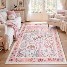 Washable Kids Area Rug with Animal Floral Print, Low-Pile Nursery Playroom Rug