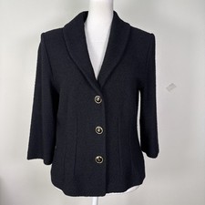 St. John Collection Marie Gray Blazer Jacket Size 6 Black Gold Accent Buttons