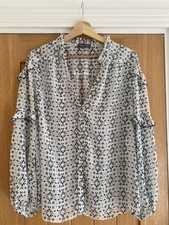 Image of MINT VELVET Cream Ivory Blue Print Ruffle Sleeve Boho Blouse Top - Large L NEW