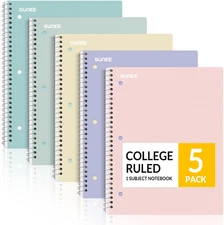 Spiral Notebooks, 1-Subject, 5 Pack, College Ruled Paper, 8" X 10-1/2", 70 Sheet