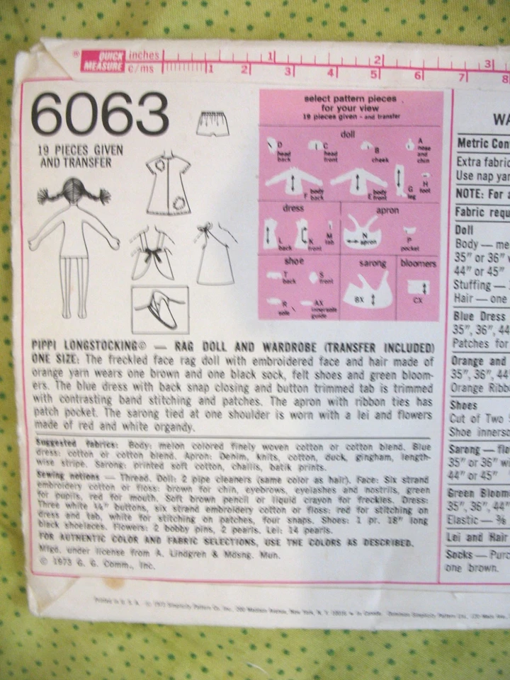 Simplicity #6063 sew pattern PIPPI LONGSTOCKING Rag Doll & Wardrobe one size - Image 4 of 4