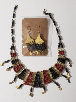 Egyptian Collar Necklace and Earrings Set, Black and Red, Costume, NOS