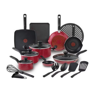 T-Fal 20pc Simply Cook Nonstick Cookware Set Red: Skillet & Pan Set,