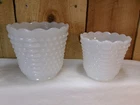 2 Vintage Fire King Milk Glass Hobnail and Bars Scalloped Rim Vase Planters