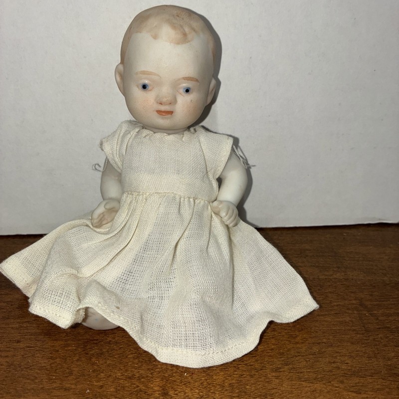 Vintage Bisque Porcelain Miniature Baby Doll with Dress Gown Japan 5" Tall