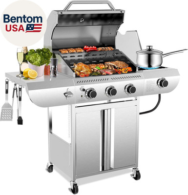 34,000 BTU 3-Burner Propane Gas Grill with Side Burner, All Stainless Steel BBQ