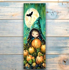 Fall Halloween Bookmark - Girl In Pumpkin Patch, 6x2 Bookmark For Book Readers