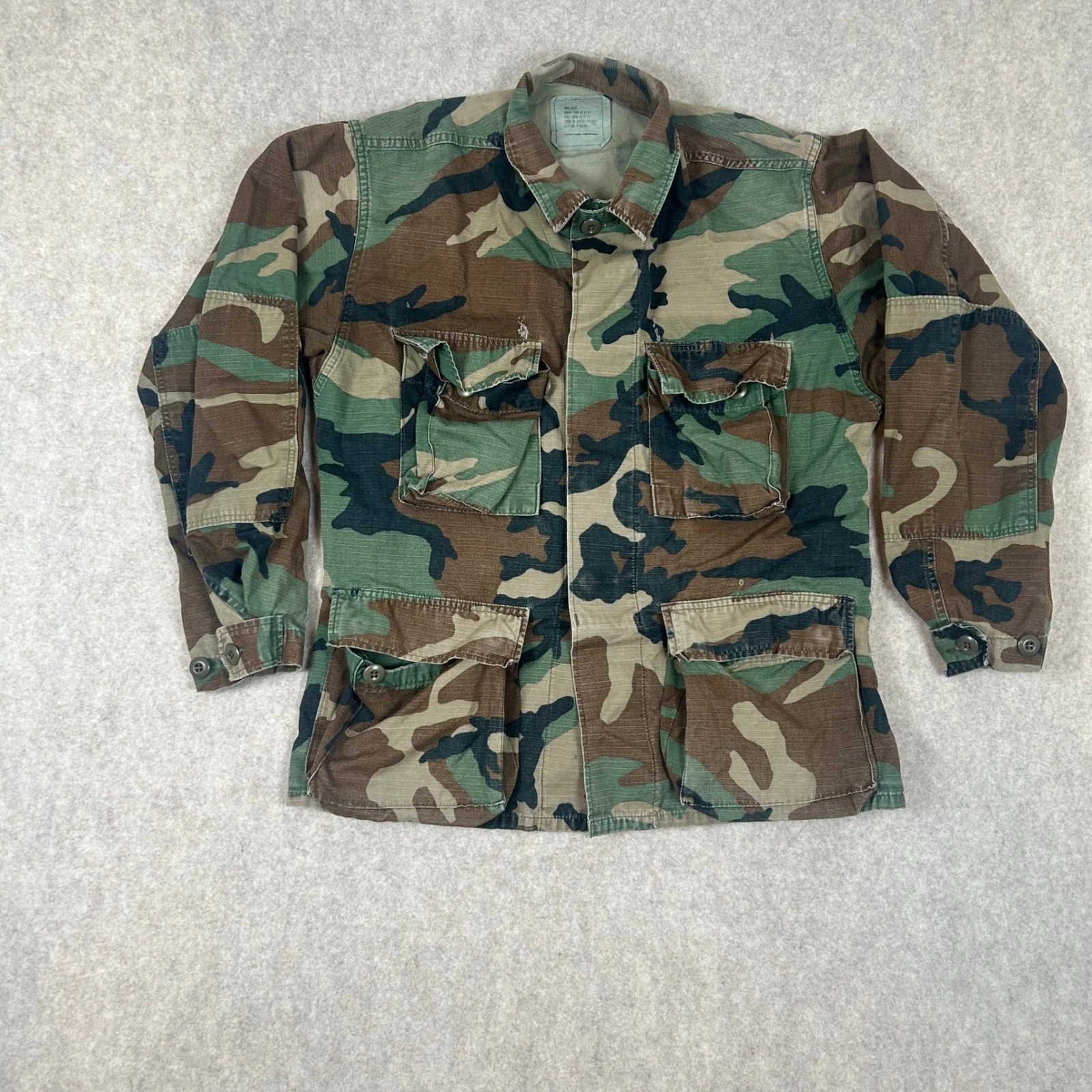 Military Field Jacket Mens Small Short Green Woodland Camo Ripstop BDU Coat