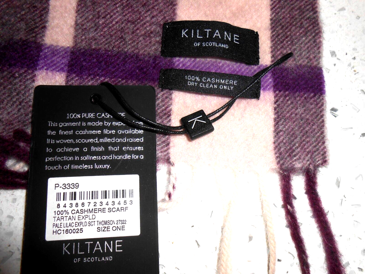 KILTANE OF SCOTLAND-100% CASHMERE-NWT-PLUM AND BEIGE PLAID SCARF
