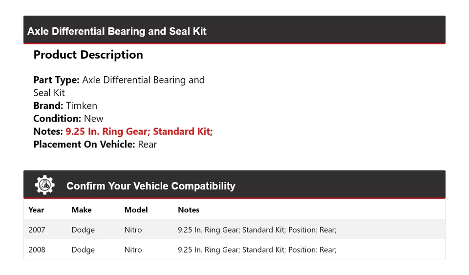 Kit de cojinete y sello diferencial eje trasero Timken para Dodge Nitro 2007-2008 Foto 2 de 3